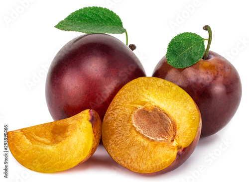 red cherry plum with green leaves isolated on white background