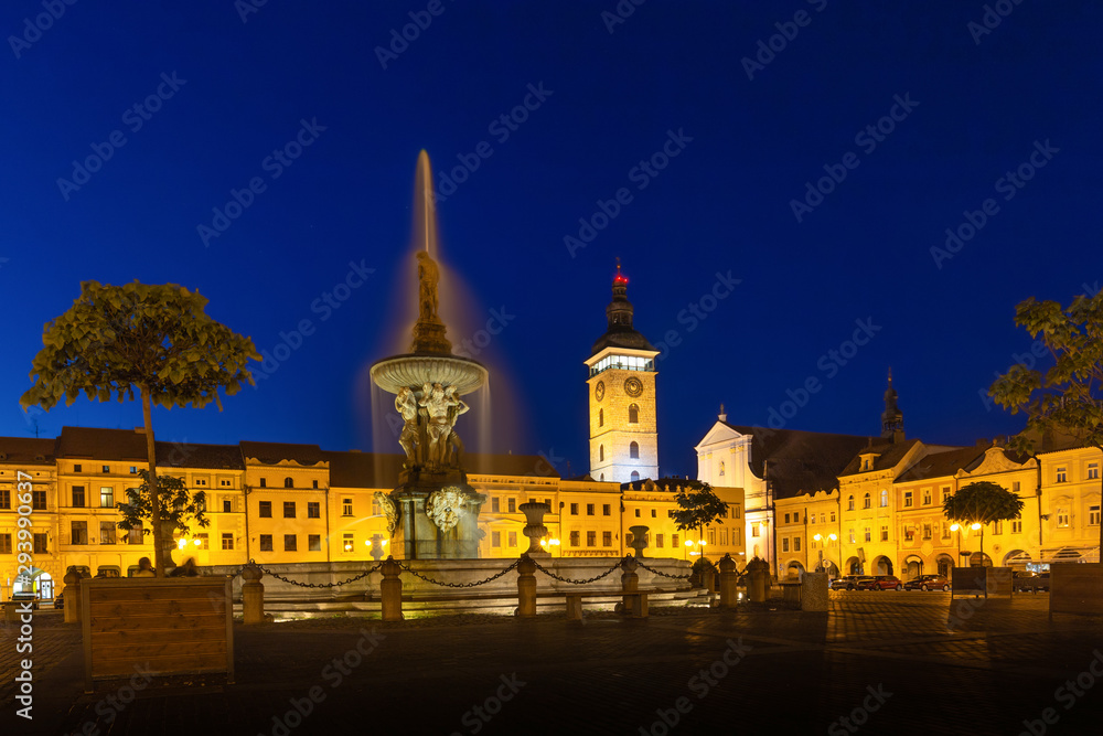 Fototapeta premium Historic center of Ceske Budejovice at night, Budweis, Budvar, South Bohemia, Czech Republic, Europe.