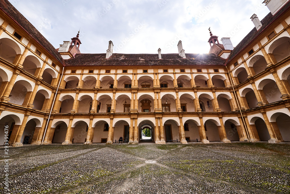 View at Eggenberg palace courtyard tourist spot, famous travel destination in Styria.