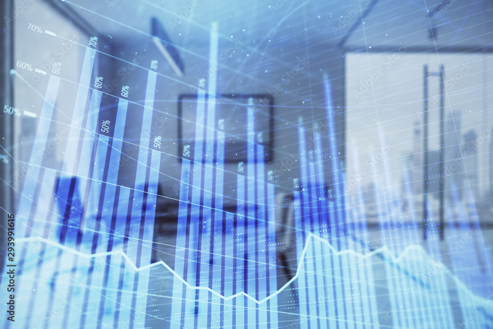 Business theme graph hologram with minimalistic cabinet interior background. Double exposure. Stock market concept. Business theme graph hologram with minimalistic cabinet interior background. Double exposure. Stock market concept.