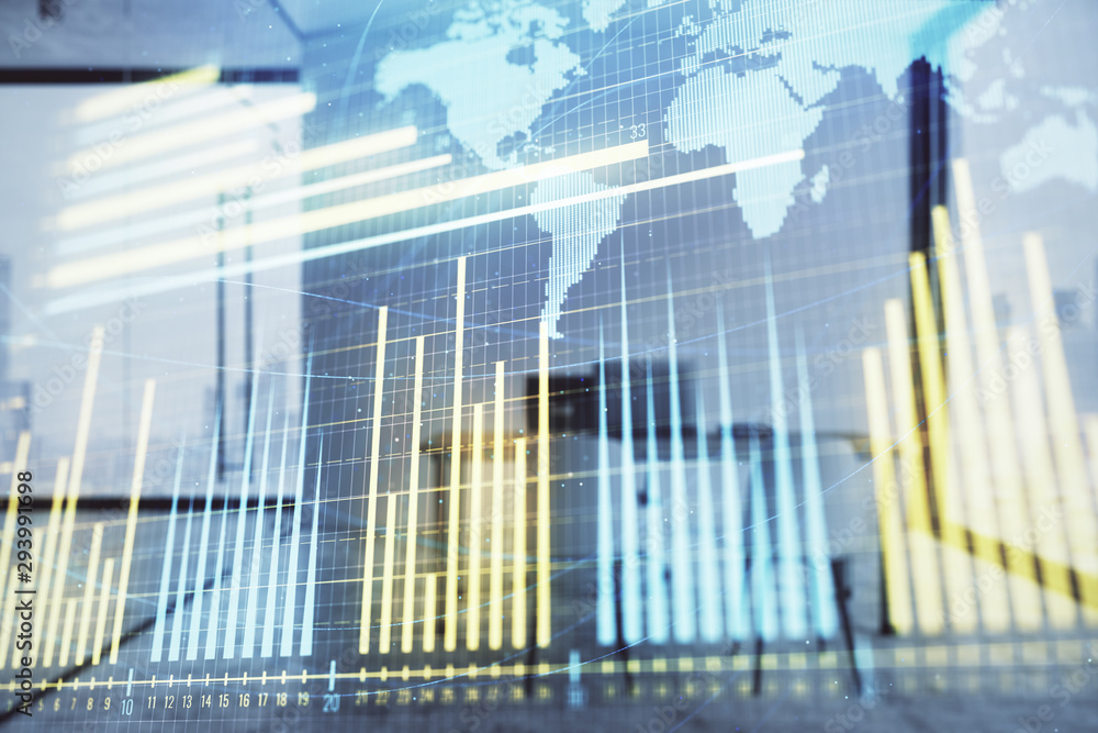 Forex chart hologram with map and minimalistic cabinet interior background. Double exposure. International business concept. Forex chart hologram with map and minimalistic cabinet interior background. Double exposure. International business concept.
