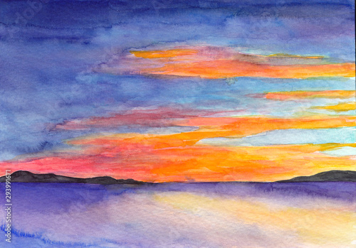 Evening seascape Sunset watercolor background