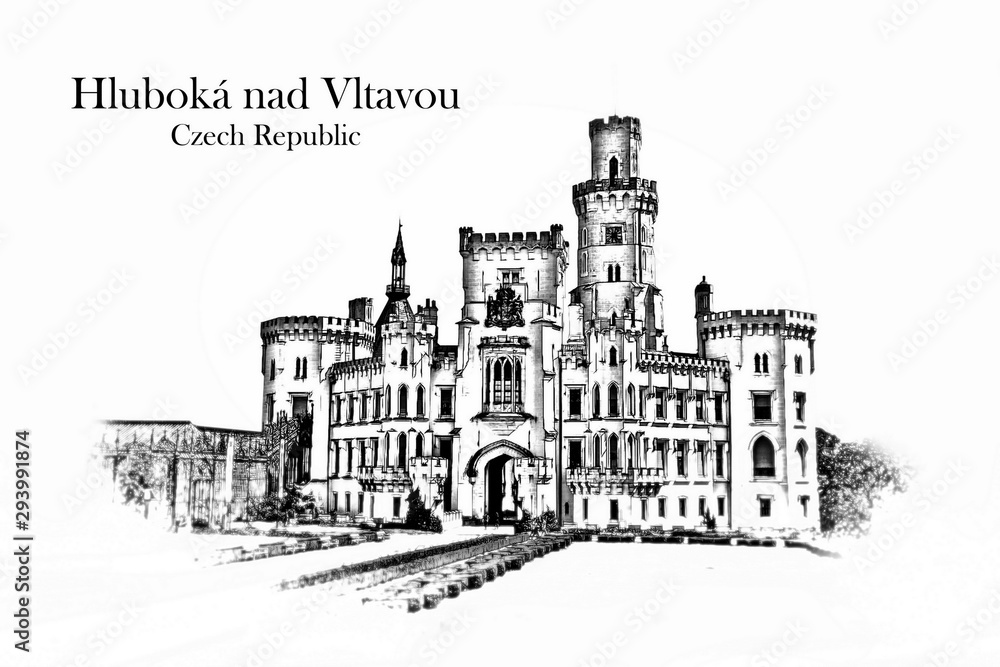 Hluboka nad Vltavou, Czech Republic - Vintage travel sketch.