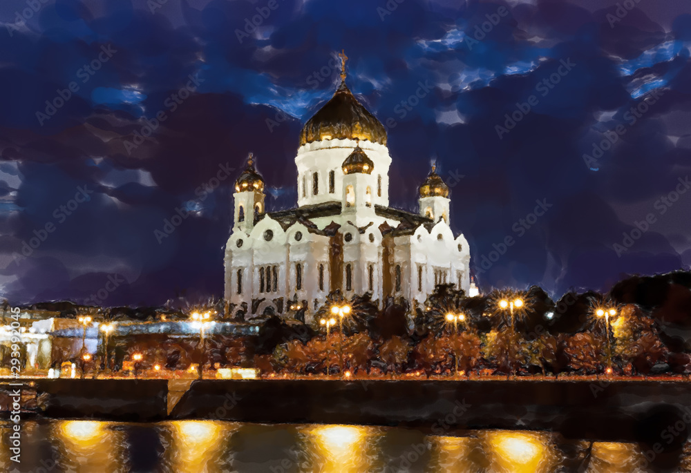 Illuminated Cathedral of Christ the Savior framed with old style street lights of Patriarchy Bridge at night. Watercolor style.