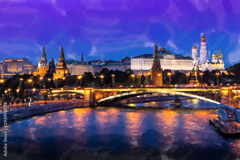 Illuminated Moscow Kremlin, Kremlin Embankment and Moscow River at night in Moscow, Russia. Watercolor style.