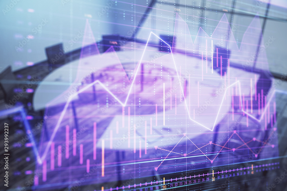 Double exposure of forex chart on conference room background. Concept of stock market analysis Double exposure of forex chart on conference room background. Concept of stock market analysis