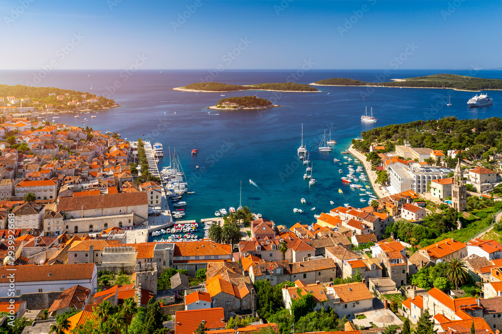 View at amazing archipelago in front of town Hvar, Croatia. Harbor of old Adriatic island town Hvar. Popular touristic destination of Croatia. Amazing Hvar city on Hvar island, Croatia.