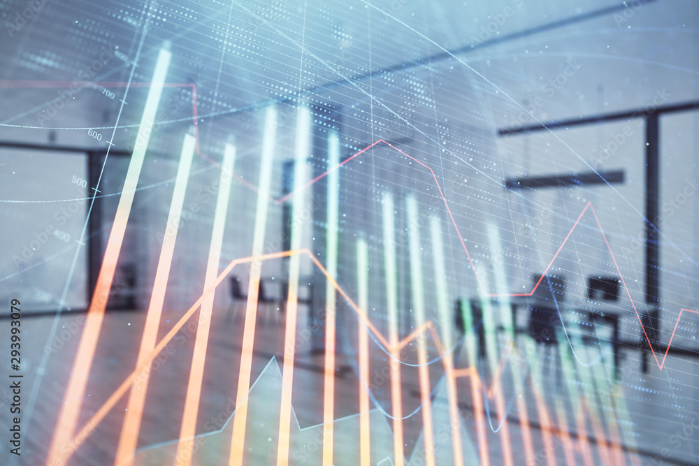 Stock and bond market graph with trading desk bank office interior on background. Multi exposure. Concept of financial analysis Stock and bond market graph with trading desk bank office interior on background. Multi exposure. Concept of financial analysis