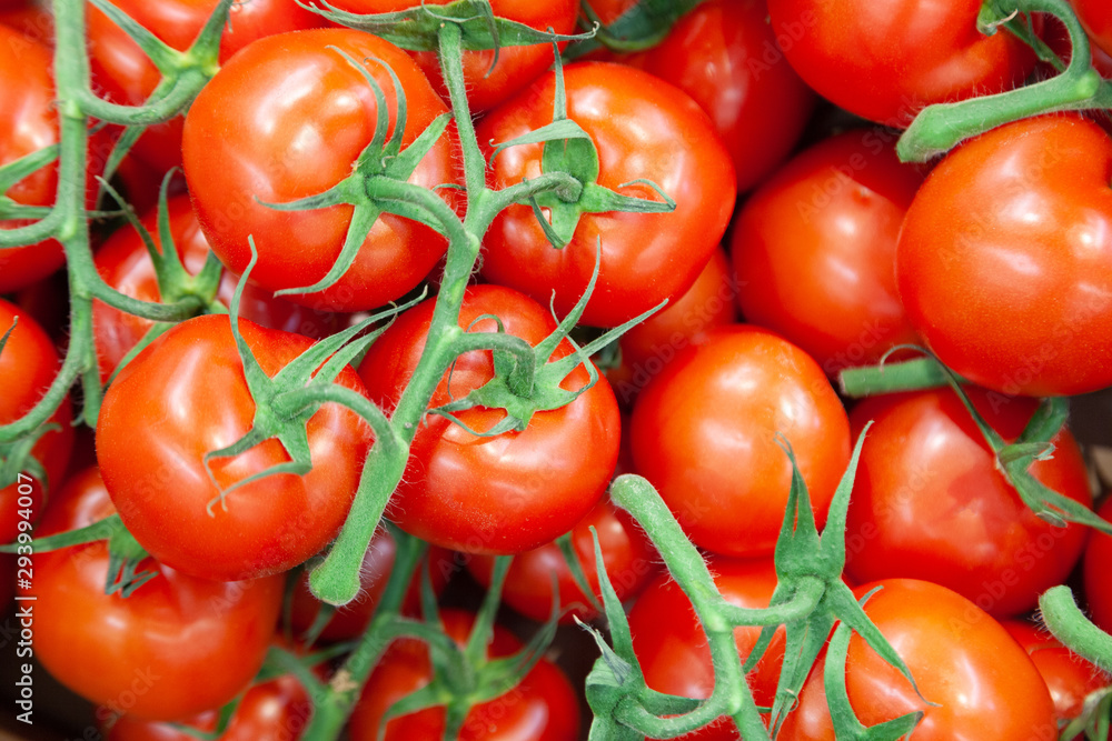 Closeup delicious red cherry tomatoes. Summer tray market agriculture farm full of organic vegetables. Healthy eating. It can be used as background. (selective focus)