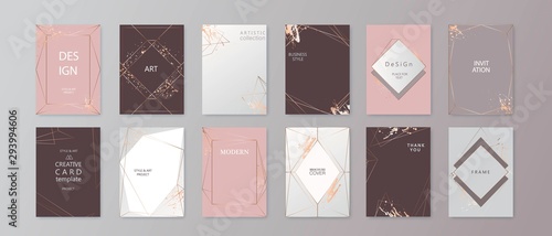 Modern card design. Hand drawn background. Gold, pink brochure, flyer, invitation template. Business identity style. Geometric shape. Vector.