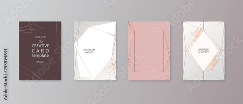 Modern card design. Hand drawn background. Gold, pink brochure, flyer, invitation template. Business identity style. Geometric shape. Vector.