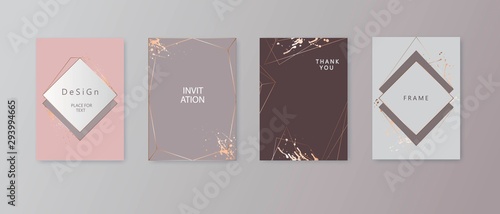 Modern card design. Hand drawn background. Gold, pink brochure, flyer, invitation template. Business identity style. Geometric shape. Vector.