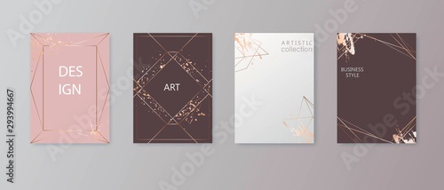 Modern card design. Hand drawn background. Gold, pink brochure, flyer, invitation template. Business identity style. Geometric shape. Vector.