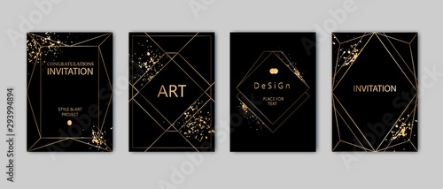Modern card design. Hand drawn splatters. Gold, black, grey brochure, flyer, invitation template. Business identity style. Geometric shape, artistic frame. Vector.