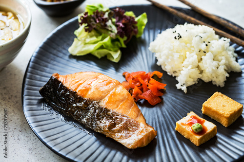 Grilled Salmon Teriyaki with Rice,Miso soup and Kimchi