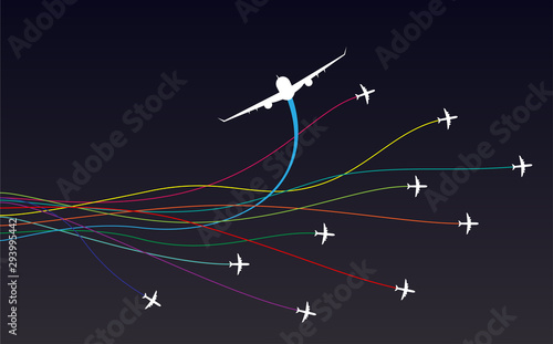 Air travel color lines with airplanes