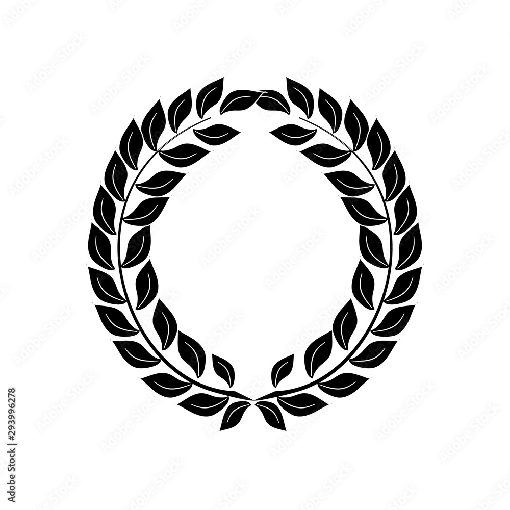 Black laurel wreath reward. Modern symbol of victory and award achievement champion. Leaf ceremony awarding of winner tournament. Monochrome template for badge. Design element. Vector illustration. Black laurel wreath reward. Modern symbol of victory and award achievement champion. Leaf ceremony awarding of winner tournament. Monochrome template for badge. Design element. Vector illustration.