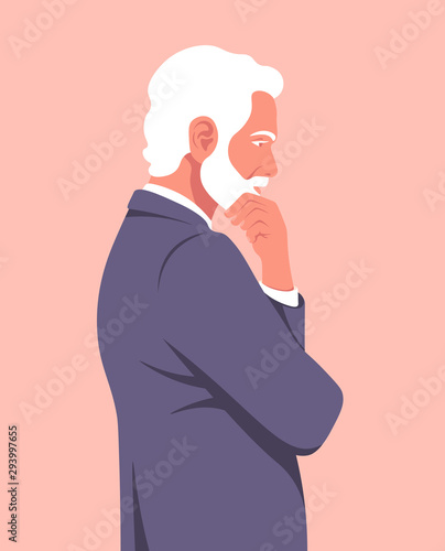 Portrait of a pensive man in profile. An elderly businessman is meditating. Problems in business. Vector flat illustration