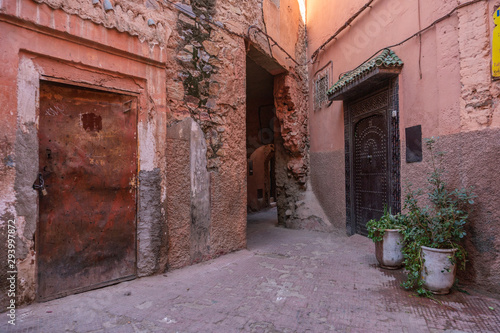 Small street in Marrakech's medina old town. In Marrakech the houses are traditionally pink. Morocco © Oleksandr