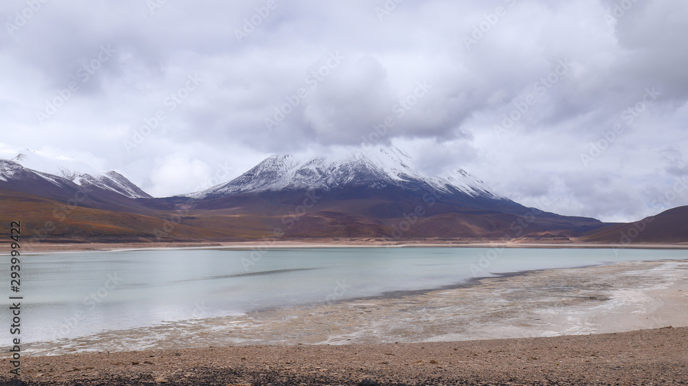 The Laguna Verde and the snow-covered Licancabur volcano, Bolivia. Desert landscape of the Andean highlands of Bolivia