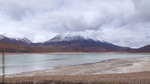 The Laguna Verde and the snow-covered Licancabur volcano, Bolivia. Desert landscape of the Andean highlands of Bolivia