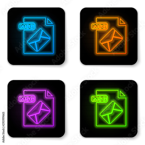 Glowing neon MSG file document. Download msg button icon isolated on white background. MSG file symbol. Black square button. Vector Illustration
