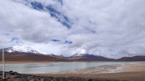 The Laguna Verde and the snow-covered Licancabur volcano  Bolivia. Desert landscape of the Andean highlands of Bolivia