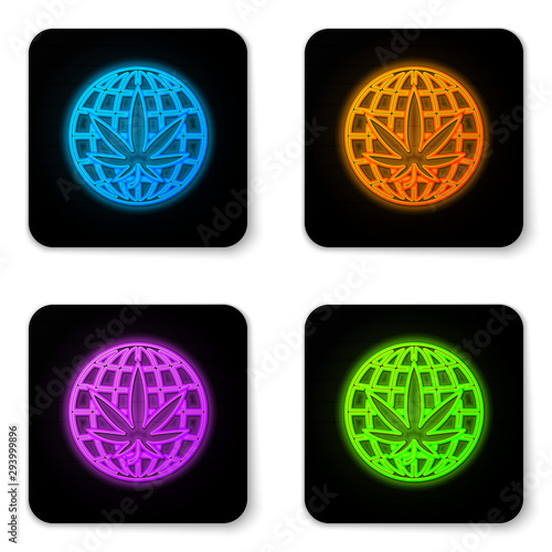 Glowing neon Legalize marijuana or cannabis globe symbol icon isolated on white background. Hemp symbol. Black square button. Vector Illustration