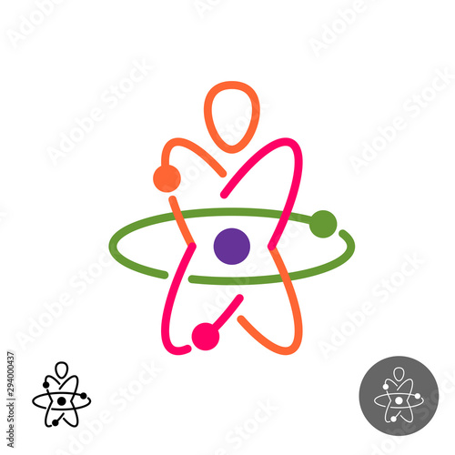 Science for kids logo. Colorful atom structure symbol with child silhouette inside. Adjustable line width.