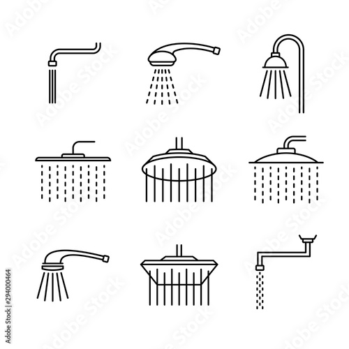 Shower head type icons set. Outline style different shower symbols. Douche shapes. Adjustable line width.