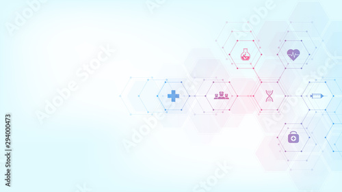 Abstract medical background with flat icons and symbols. Template design with concept and idea for healthcare technology, innovation medicine, health, science and research.