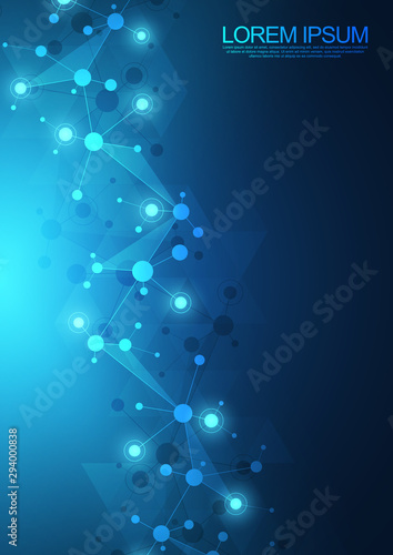 Abstract background of molecular structures. Molecules or DNA strand, genetic engineering, neural network, innovation technology, scientific research. Technological, science and medicine concept.