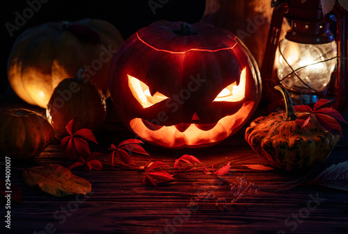 Spooky evil scary illuminated halloween pumpkin night horror lantern candle light, happy halloween dark holiday celebration, trick or treat creepy mystery all saints background october eve decoration