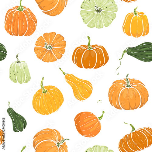 Seamless pattern with hand drawn pumpkin in cartoon style. Cute autumn pattern Seamless textile. design for greeting card and invitation of seasonal fall holidays, halloween, thsanksgiving, harvest