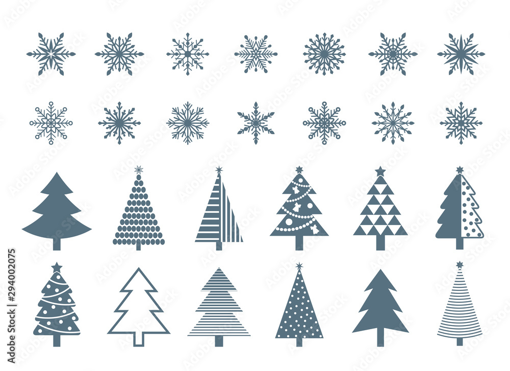 Set of snowflakes and Christmas tree icons. Isolated on white background. Vector illustration. 