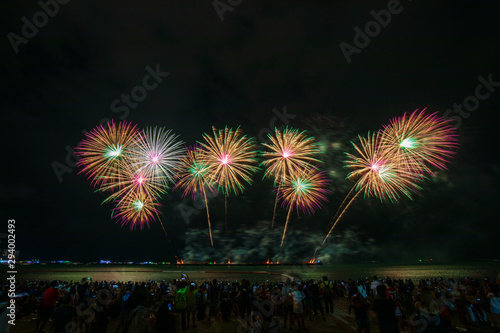 the view of people watching the Firework at Pattaya Beach (Pattaya International Firework 2019), Thailand