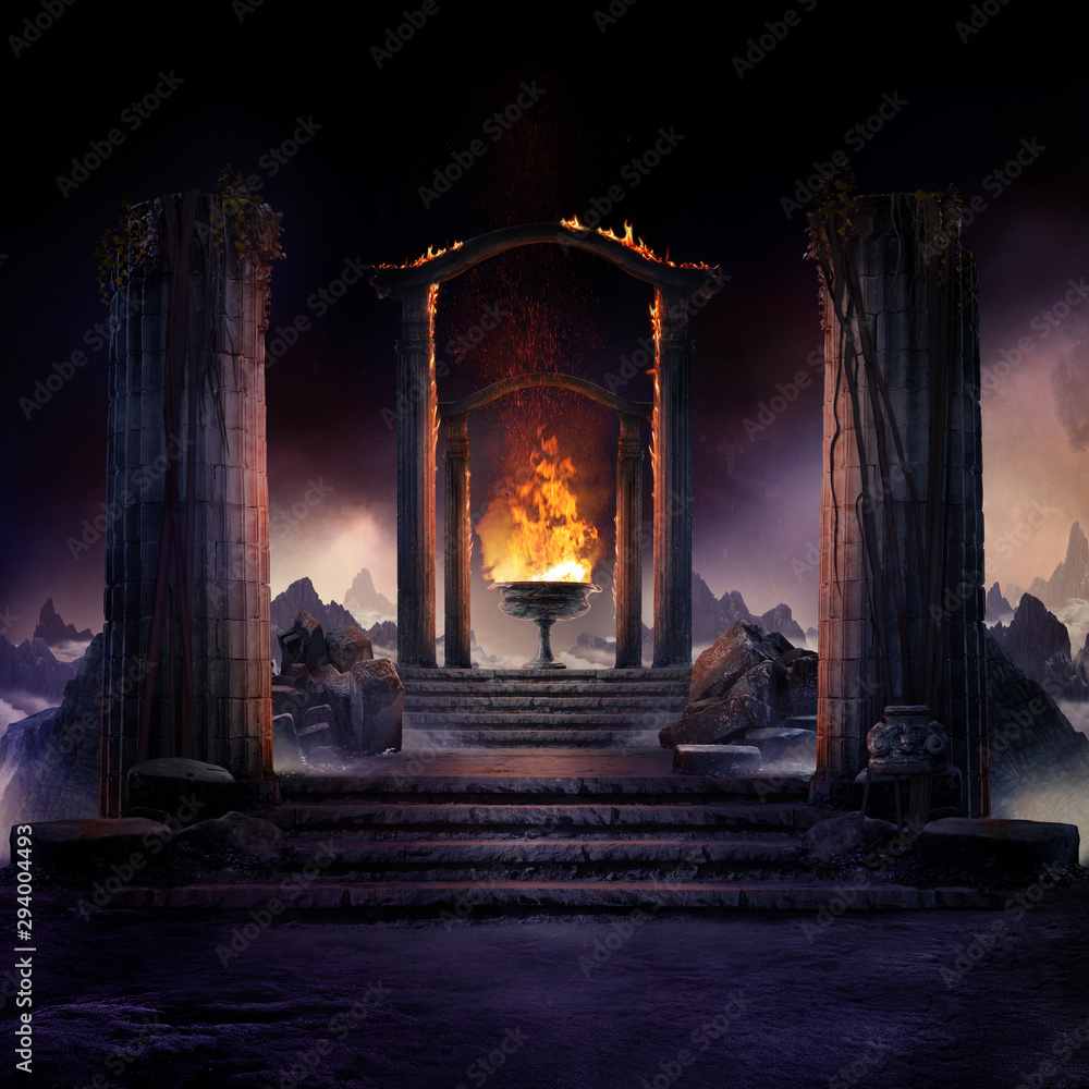 Fototapeta premium Wieczny ogień, mroczny klimatyczny krajobraz ze schodami do starożytnych kolumn i fontanną ognia, fantastyczne tło