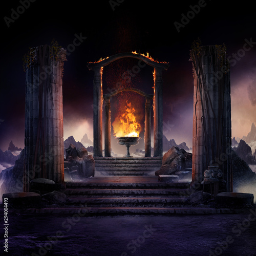 Fototapeta The eternal fire, dark atmospheric landscape with stairs to ancient columns and