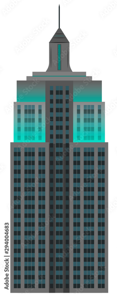 Grey glass skyscraper with blue illumination