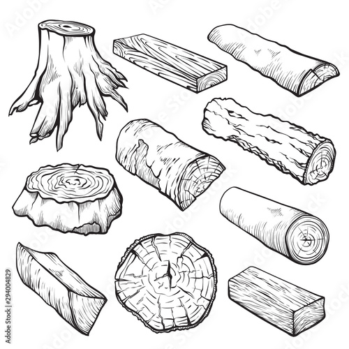 Wooden logs and timber hand drawn illustrations set
