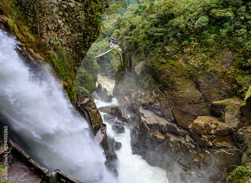 Aerial view of Del Diablo waterfall in Banos, Ecuador.