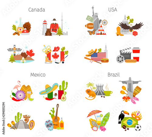 Set of travel symbols of american countries. Vector attributes of the USA, Canada, Mexico and Brazil. Template for travel agencies. Ready-made compositions for advertising banners in flat style.