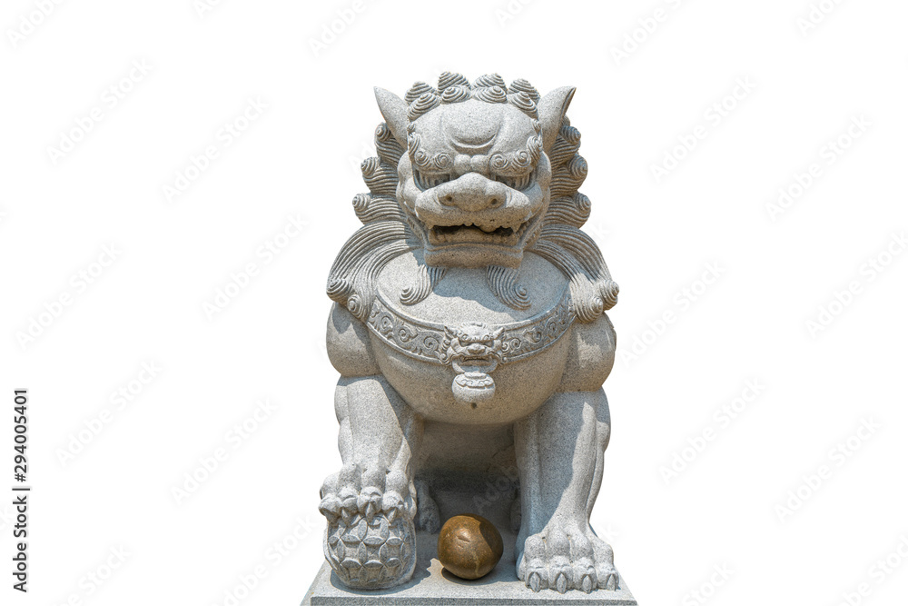 Chinese Stone Lion in Thai temple isolated on white background.