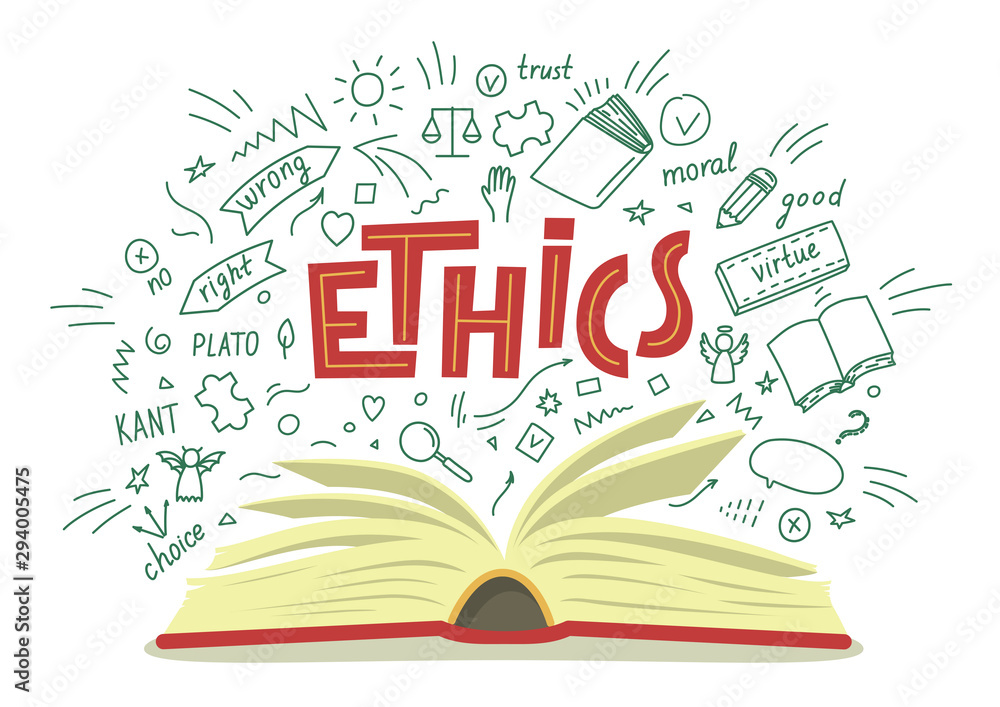 Ethics. Open book with moral philosophy hand drawn doodles and lettering on white background. Education vector illustration. - obrazy, fototapety, plakaty 