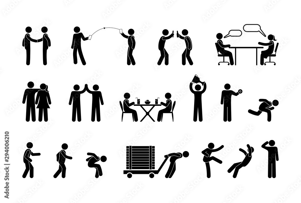 man icons, people interaction and communication, stick figure pictogram ...
