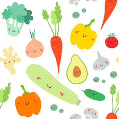 Wandcirkels Aquarel prints patronen Seamless pattern with vegetables. Vector texture. Flat icons: pepper, avocado, carrot, tomato, ginger, peas, squash, garlic, broccoli. Vegetarian healthy food. Vegan, farm, organic, natural background  © BloomPix