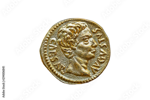 Roman gold aureus replica coin obverse of Roman Emperor Augustus 27BC-14AD cut out and isolated on a white background