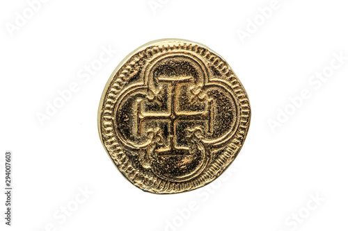 Gold Escudos Coin of Philip II (Felipe II) of Spain Cross In Quatrefoil Reverse side cut out and isolated on a white background photo