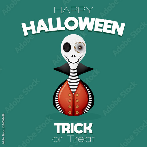 Funny Halloween greeting card with cute monster. Happy Halloween! Trick or Treat! Funny cartoon sceleton on dark background. Vector isolated illustration
