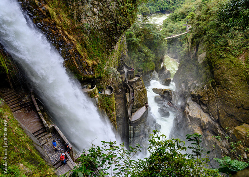 Aerial view of Del Diablo waterfall in Banos, Ecuador. photo